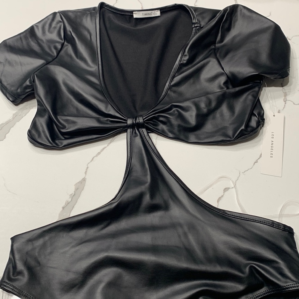 Faux leather short sleeve cut out bodysuit